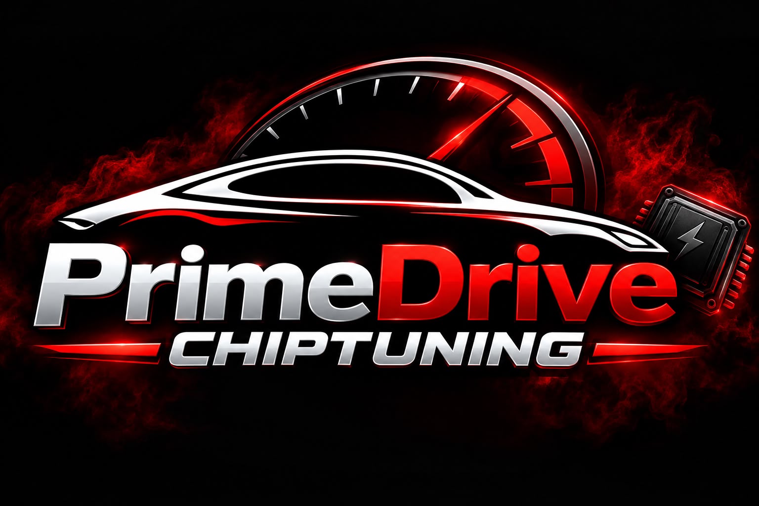 PrimeDrive Chiptuning logo met toerenteller en chip